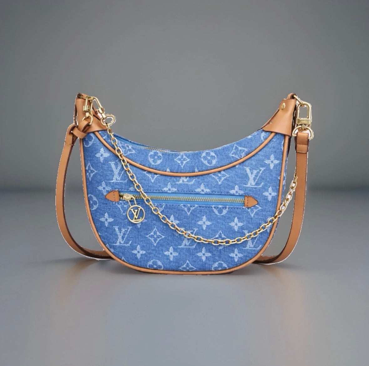 LV Print Crossbody Bag with Champagne Gold Hardware Light Blue Washed Denim