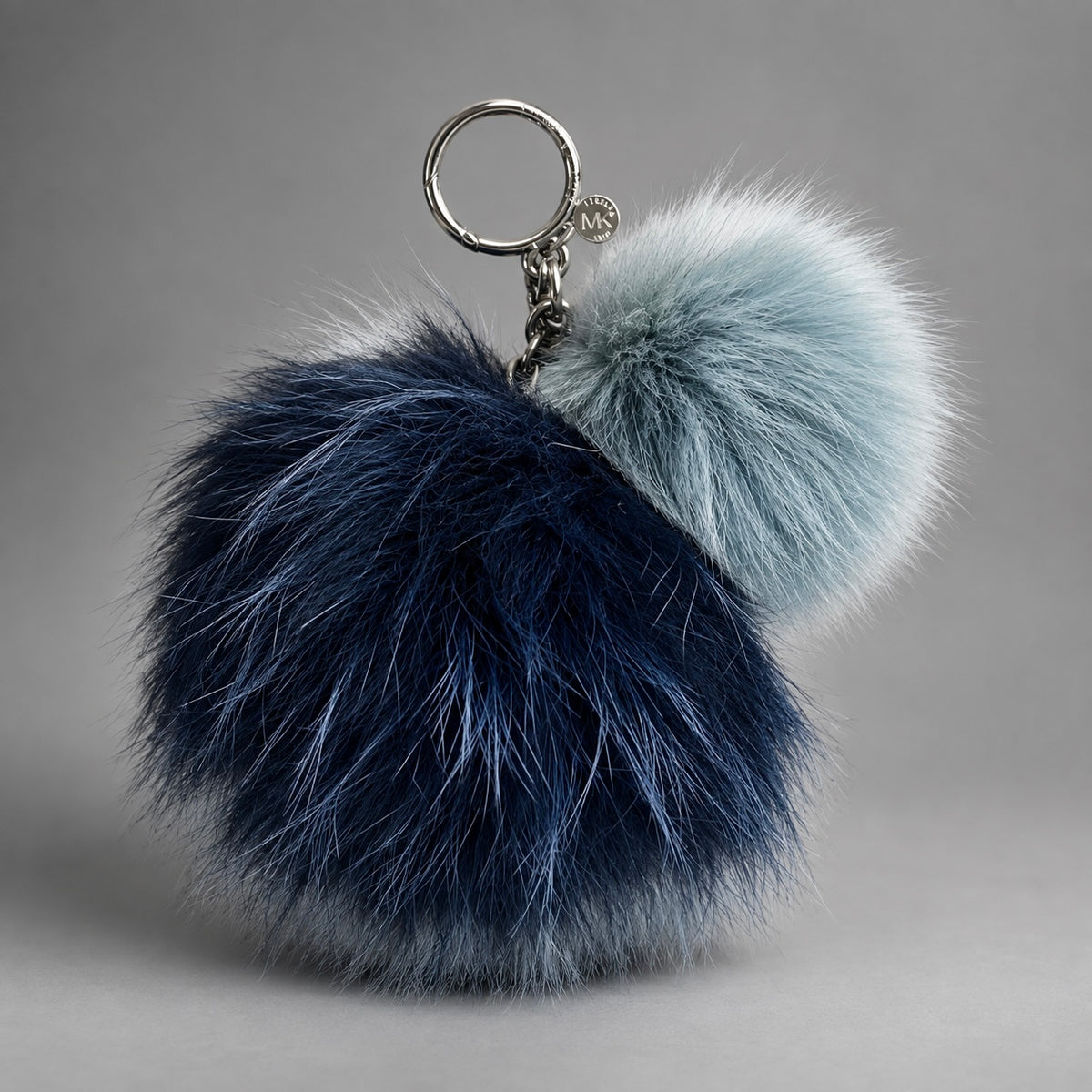 MICHAEL KORS Real Fox Fur 2 Sisters Pom Bag Charm Keychain Navy Slate (org $295)