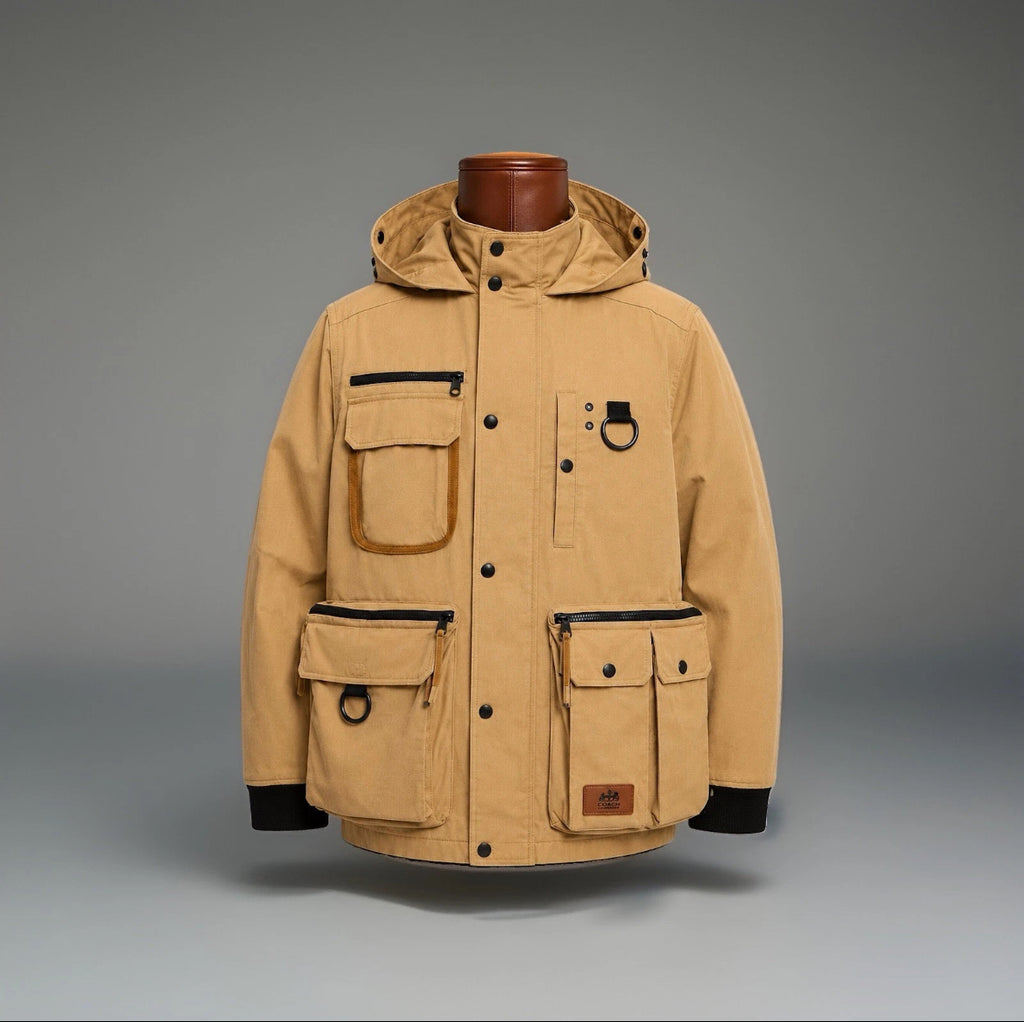 COACH Utility Jacket Khaki Tan Hooded Field Coat Leather Trim Pocket (org $695)