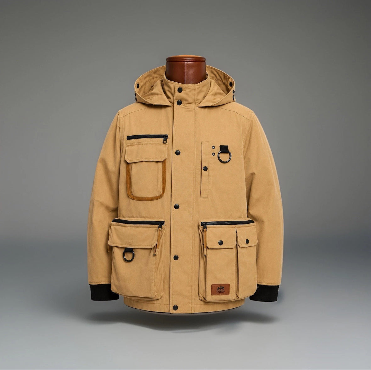 COACH Utility Jacket Khaki Tan Hooded Field Coat Leather Trim Pocket (org $695)