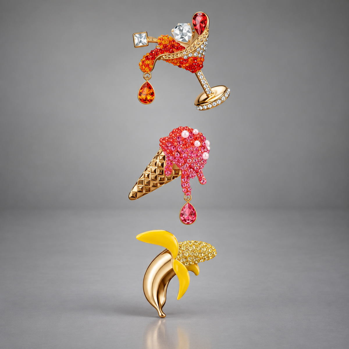 SWAROVSKI Cocktail Ice Cream Banana Crystal “No Regrets” Pins Brooch Set NWT/box