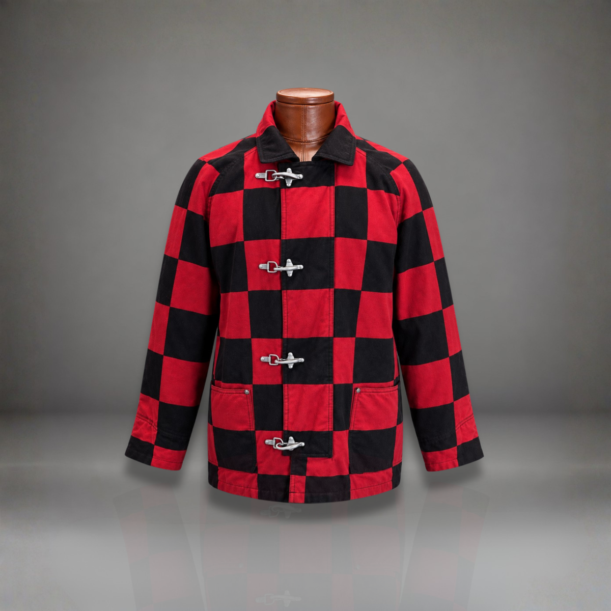 ESPRIT 1990’s Vintage Red/Black Checkered Toggle Coat Jacket 100% Cotton Medium