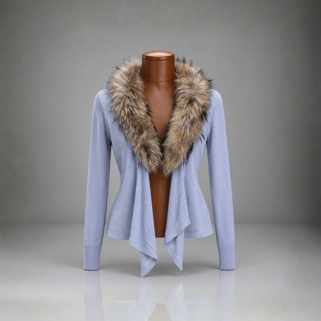 BEBE Y2K Luxury Italy Collection Cardigan Real Fox Fur Collar Blue M (org $660)