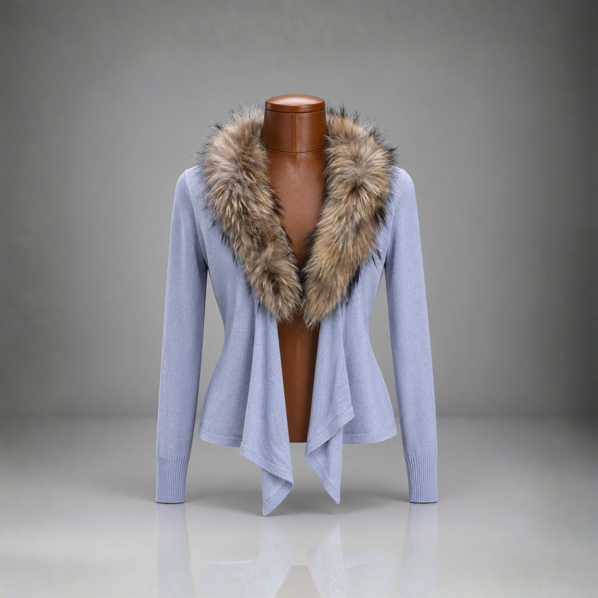 BEBE Y2K Luxury Italy Collection Cardigan Real Fox Fur Collar Blue M (org $660)