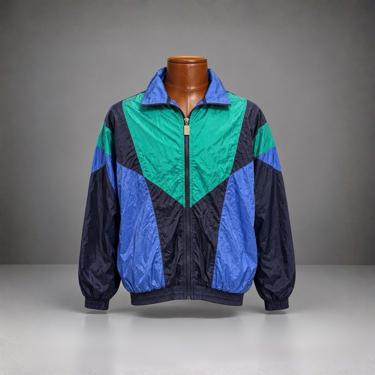 VINTAGE 1991 VISOR Brand Windbreaker Zip Jacket Blue/Green Retro Geometric Large