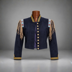 DOUBLE D RANCH Vintage Wool Jacket Military Bead Fringe Navy Blue Varsity Stripe Women Size Small (org $250)