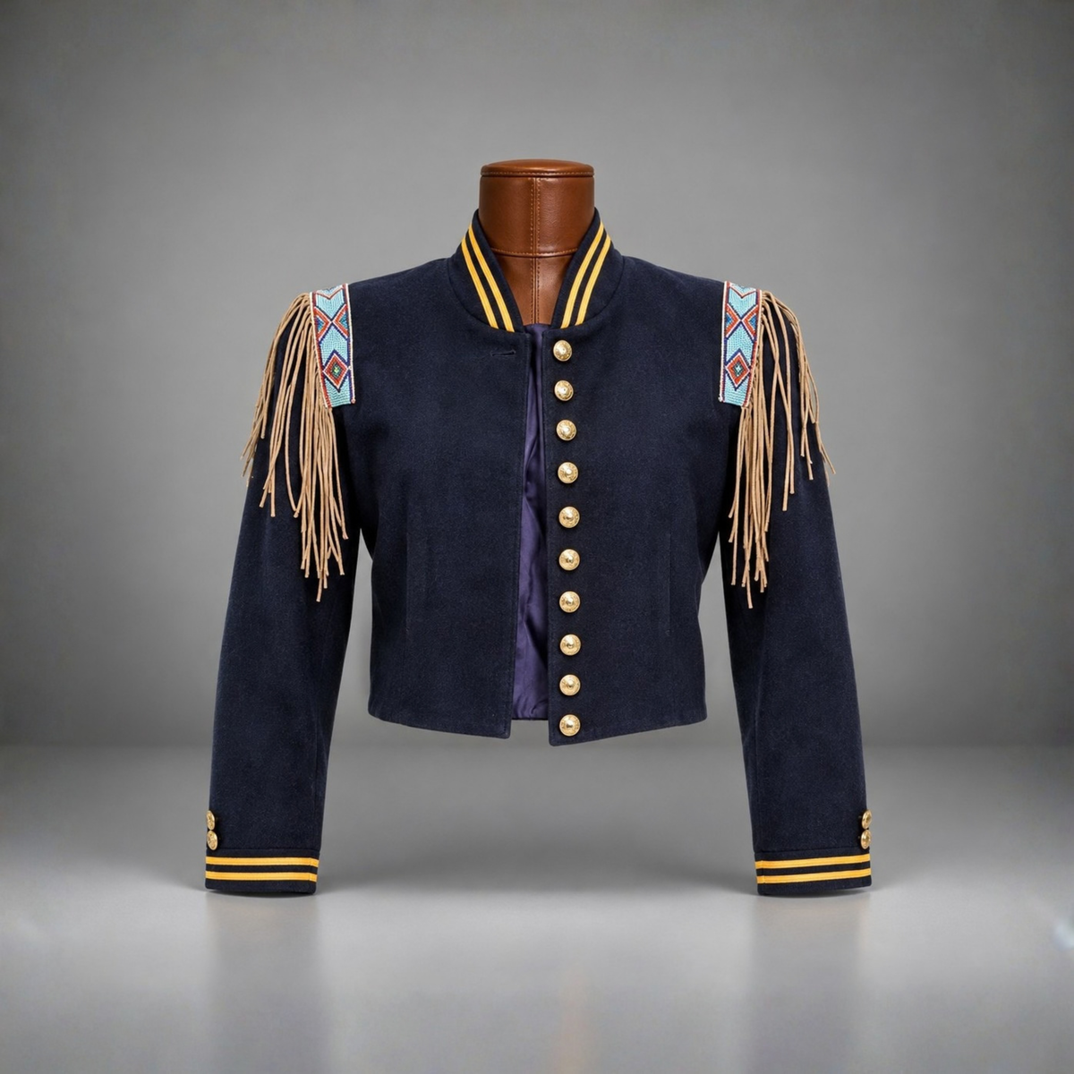DOUBLE D RANCH Vintage Wool Jacket Military Bead Fringe Navy Blue Varsity Stripe Women Size Small (org $250)