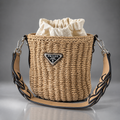 PRADA Milano Woven Raffia Straw Bucket Crossbody Bag Tan Braided Strap