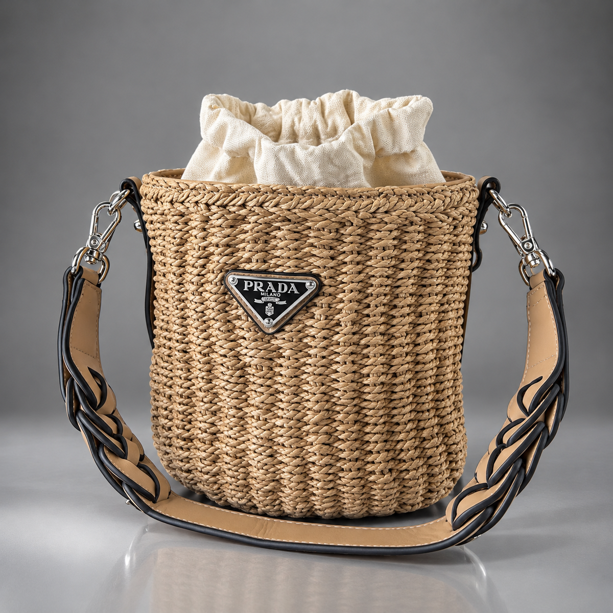 PRADA Milano Woven Raffia Straw Bucket Crossbody Bag Tan Braided Strap